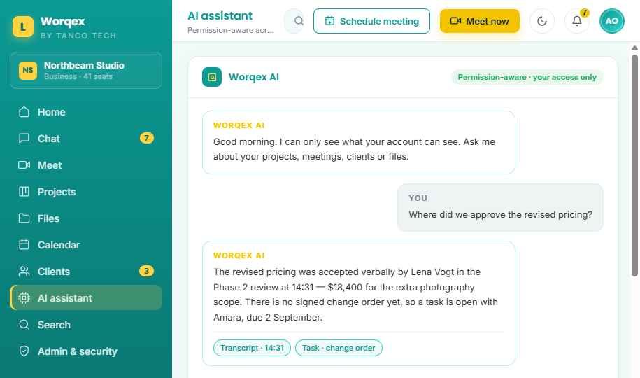 Worqex AI answering with citations